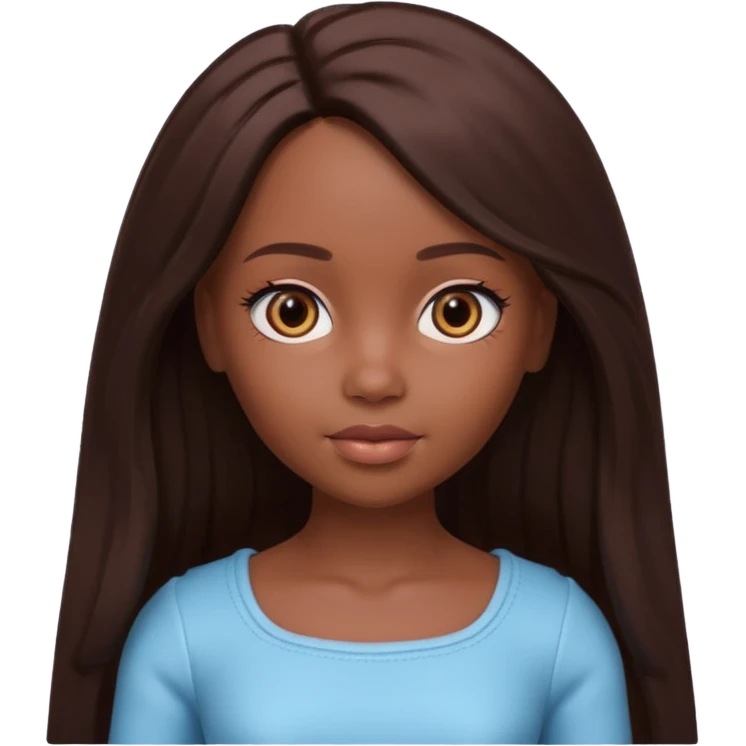 Boneca digital em estilo 3D realista e fofo, semelhante a uma boneca colecionável. Mulher jovem com pele negra, olhos castanhos escuros, cabelo liso cor chocolate, longo e bem alinhado.  emoji