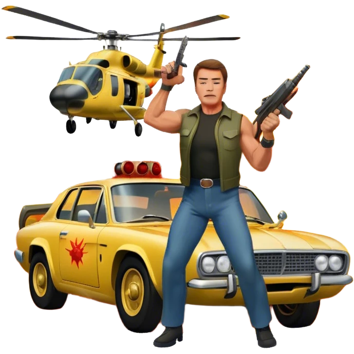 Icon for Action Movies: Arnold Schwarzenegger in the lead role, in an intense action pose with weapons, explosions, a car and helicopter flying out of flames in the background. The design should capture the explosive energy and heroism of classic action films. Transparent background. emoji