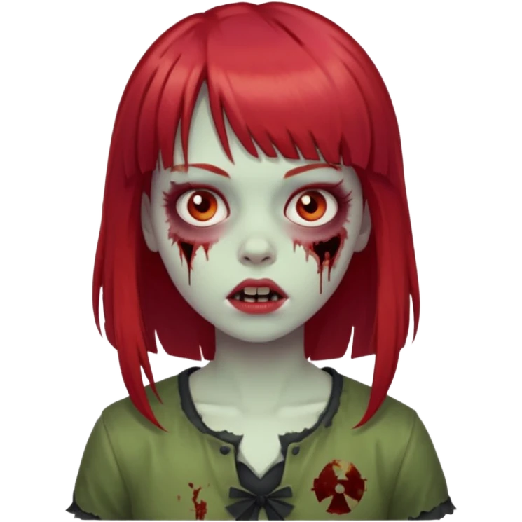 Uma menina de franja cheia, cabelos vermelho zumbi emoji