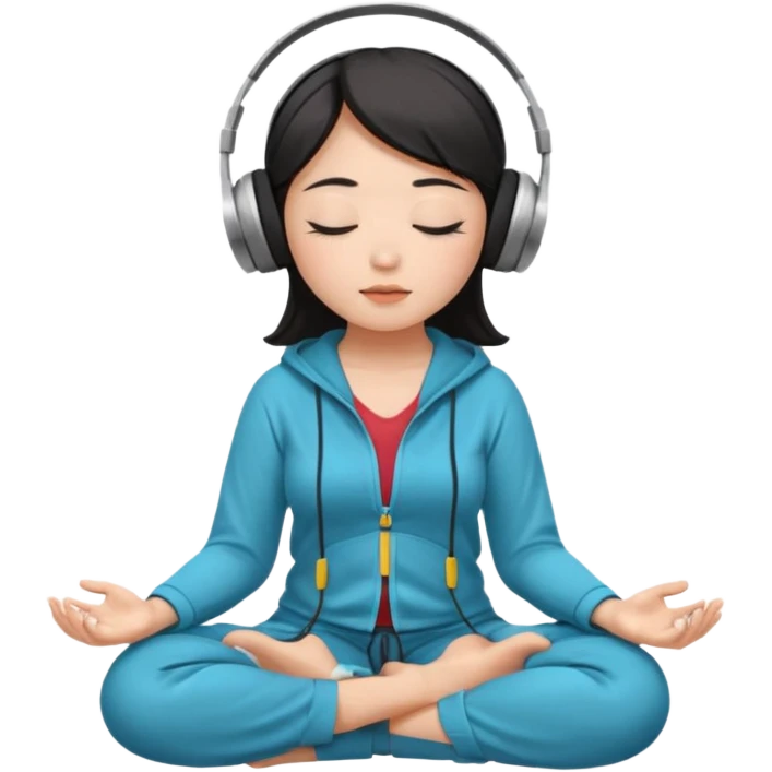 An East Asian woman🧘🏻‍♀️ is sitting cross-legged in a meditation pose, wearing Apple headphones🎧 and listening to music. The song is so beautiful that she has her eyes closed and tears streaming down her face. emoji