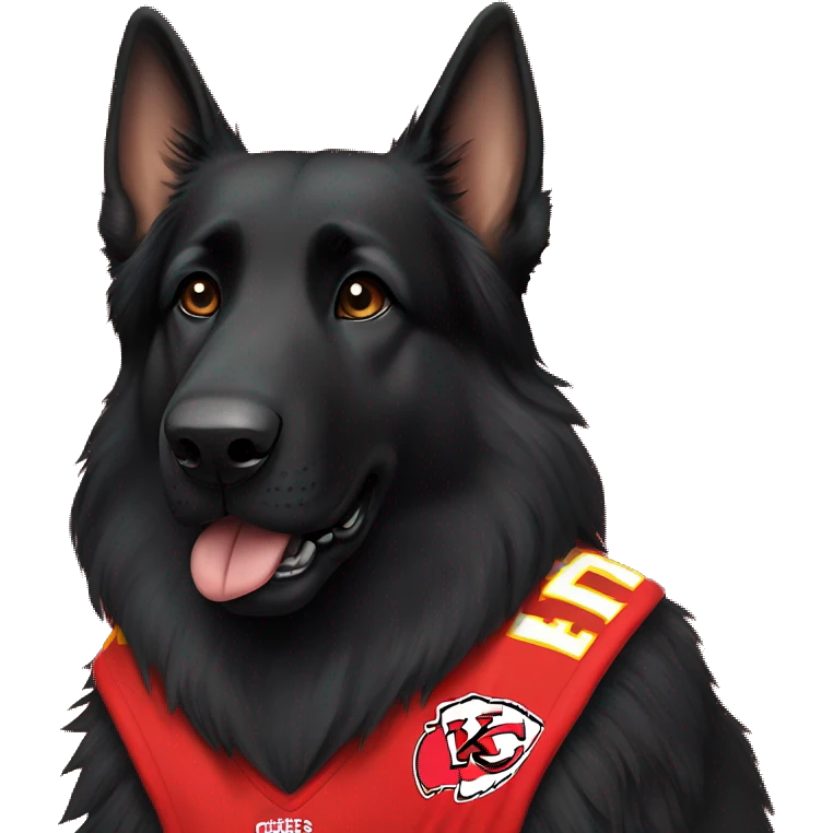 black long haired German Shepherd wearing a Kansas City Chiefs jerseys  emoji