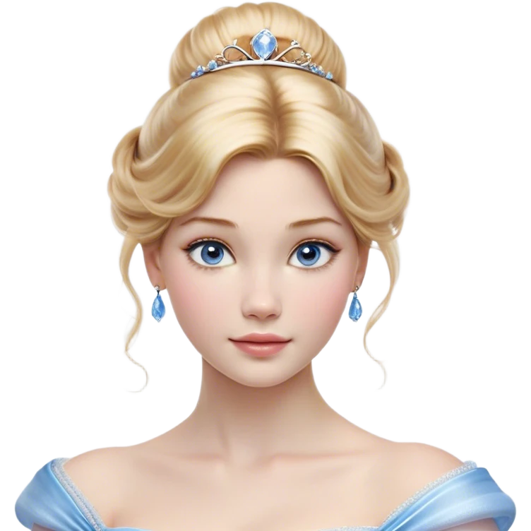 Cinematic Realistic Cinderella Portrait, depicted with lifelike skin texture, subtle rosy undertones, and soft natural lighting that enhances the gentle contours of her face. Her intricately detailed golden blonde hair is elegantly styled in an updo, with delicate wisps framing her face for added realism. Her deep, expressive blue eyes radiate warmth and sincerity, reflecting a quiet resilience and grace. She is dressed in her iconic ball gown, the fabric shimmering with intricate embroidery and fine translucent layers that catch the light beautifully. The soft sheen of satin gloves and the delicate sparkle of a glass-like slipper peeking from beneath her dress add a touch of magical realism. The portrait features an enchanting glow with a natural, luminous finish, seamlessly blending realism and fairytale charm to evoke a sense of depth, elegance, and timeless beauty. emoji