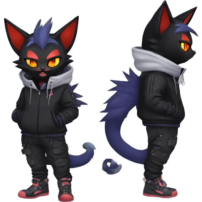 Cool Anthro Black Noibat-Quilava-Litten-Pokémon with edgy stripes hoodie spiked collar punk Full Body emoji