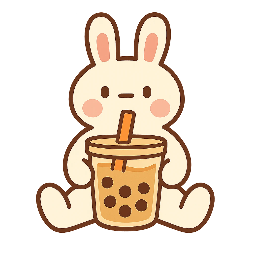 full-body milk tea bunny sitting still with blank stare emoji