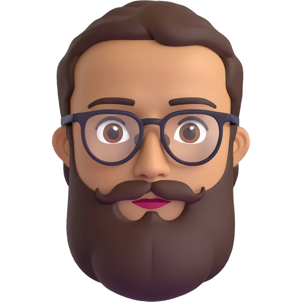 man with medium beard, connected eyebrows, olive tan skin, brown eyes, and glasses emoji