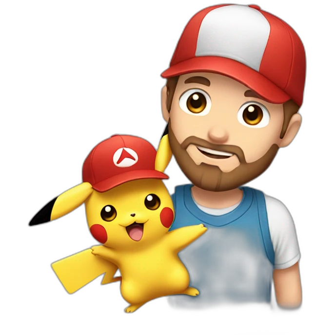 white man with brown hair and beard and a red cap, holding and a pikachu pokemon emoji