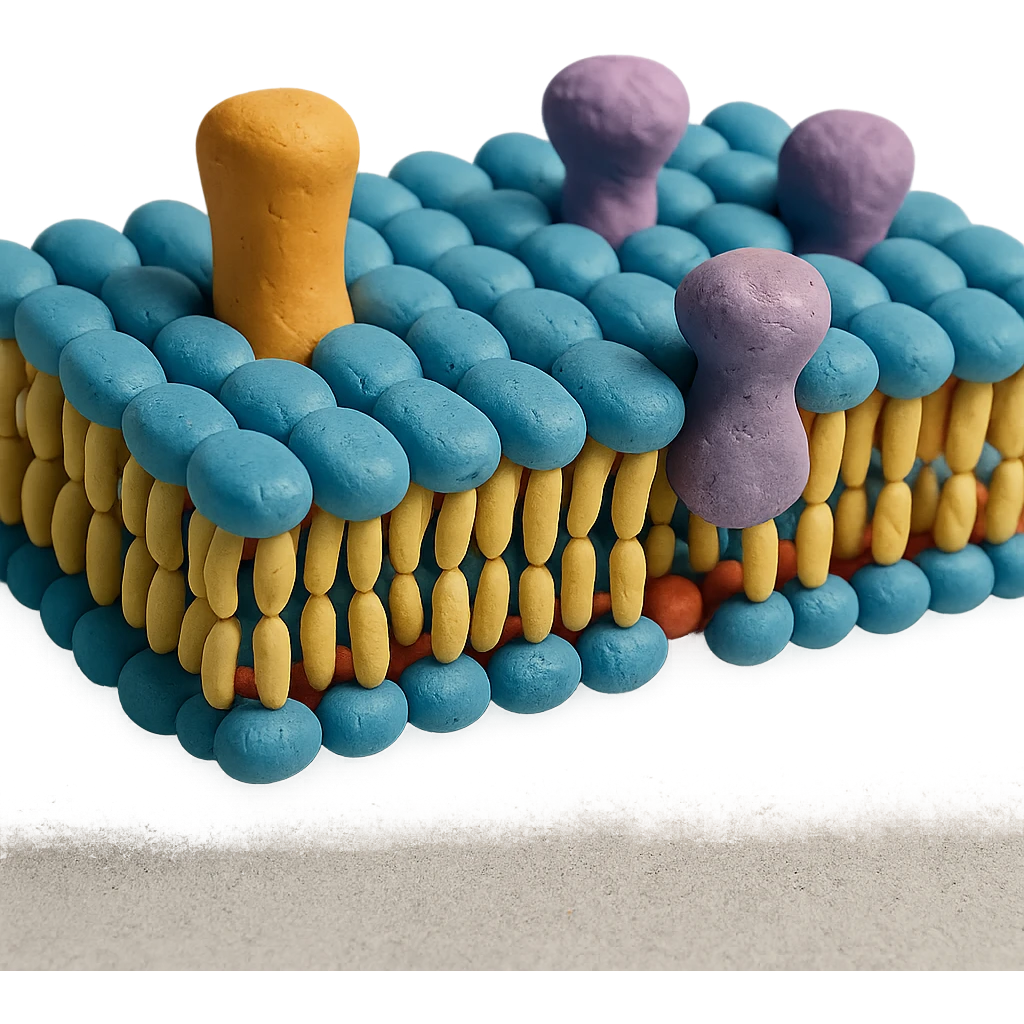 stylized biomembrane, double phospholipid layer with embedded proteins, claymation style emoji