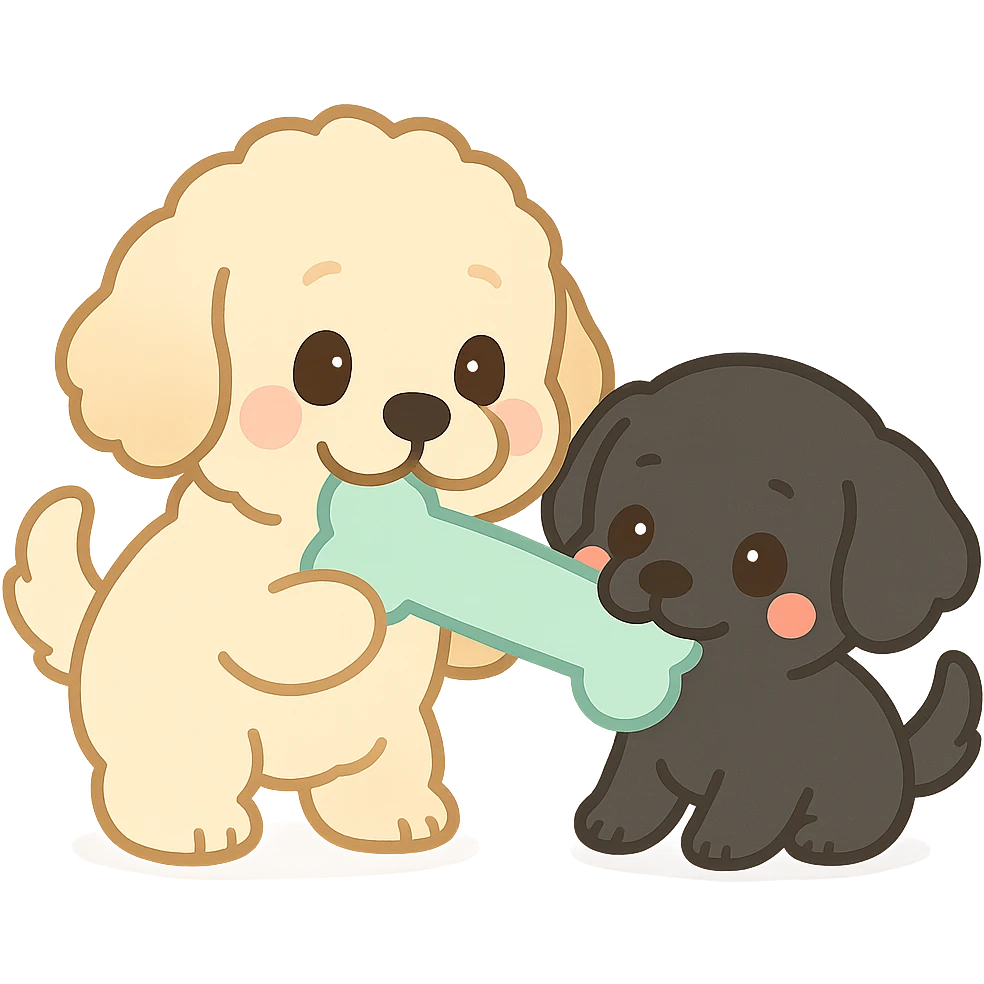 large light cream colored goldendoodle and small black golden retriever, chibi style, tugging on a toy together emoji