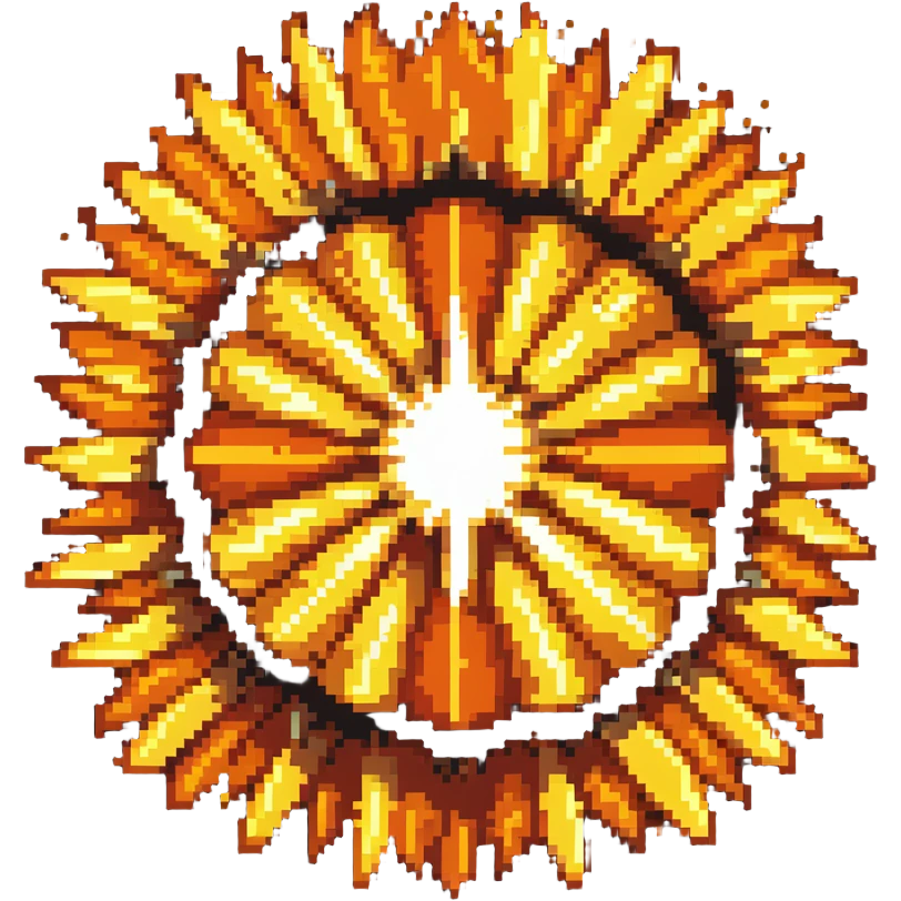 Bomberman explosion center tile, bright fiery explosion core with yellows and oranges radiating from center, 90% of tile with subtle glow effect, clean pixel art edges, slight transparency at edges emoji