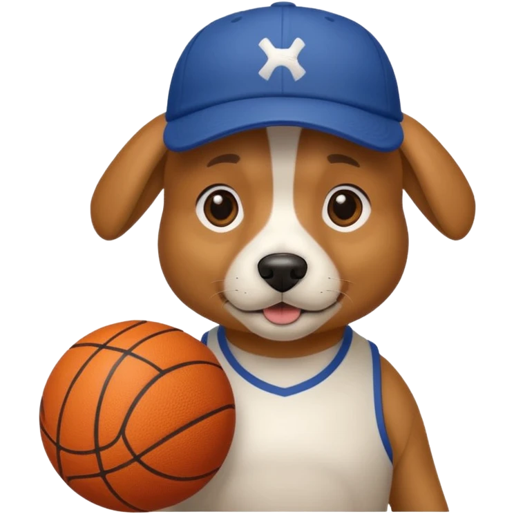 Dog with a baseball cap on holding a basketball emoji