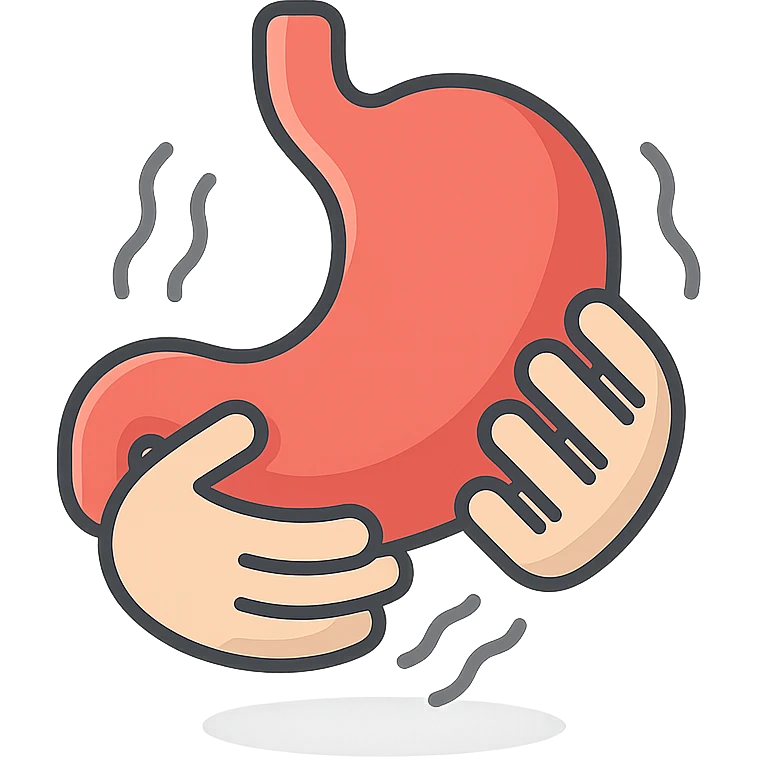 stomach with pain, hands holding stomach, waves of pain, 2d isometric style, shadows and highlights, no face or legs, transparent background emoji