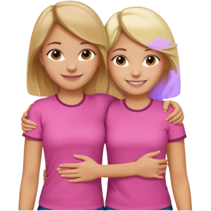 Two Girls with their arms around each other at summer camp one blonde one brown hair wearing pink shirt smiling  emoji