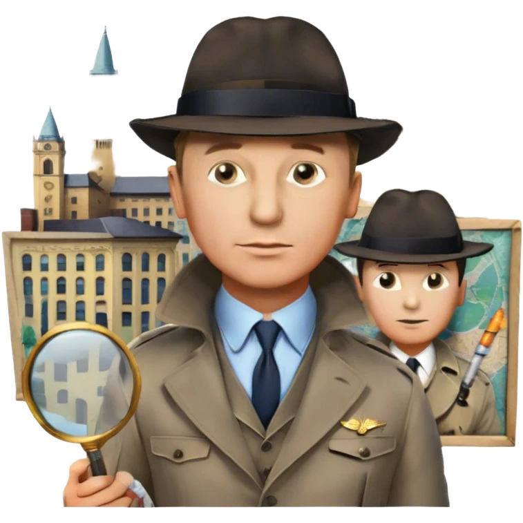 Icon for Detective Movies: A colorful collage featuring Daniel Craig as an inspector, with a magnifying glass, fedora hat, cigarette, and a mysterious city backdrop. Include a board with photos of suspects, fingerprints, and a crime scene. Retro movie poster style. Transparent background. emoji