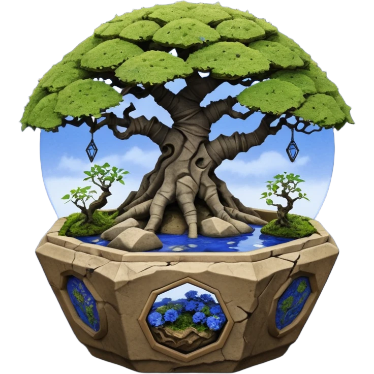 Alien spacecraft hanging-vines landscape mudman very old broken cracked intricate Stone Age rocky-crusted irregular dodecagon-shaped shallow dark moss rough bark blue willow flowered maple tree bonsai pot emoji