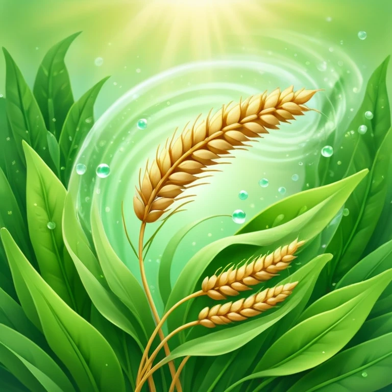 Golden wheat ear floating among green leaves and bright particles, spinning around an ethereal digestive system with soft light texture, while subtle cleansing waves pass through the air like a purifying spell emoji