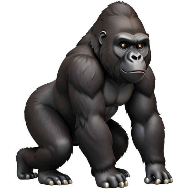 cinematic-gorilla-realistic-full-body-on all fours-emoji,-exuding-strength,-thick-dark-fur-in-the-light,-head-tilted-dramatically,-deep-dark-eyes-filled-with-intense-intelligence,-simplified-yet-realistic-focused-features,-highly-detailed,-glowing-with-an-almost-sarcastic-glow emoji