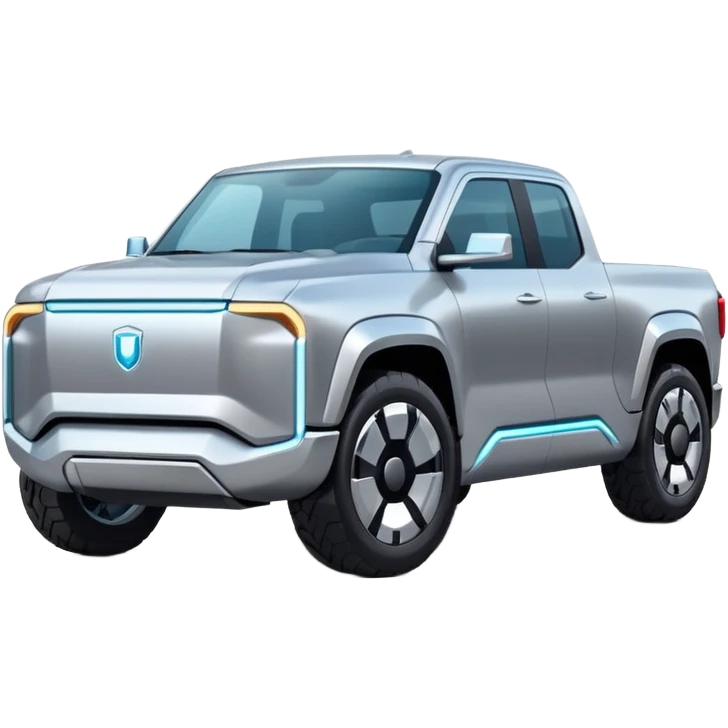 A futuristic electric pickup truck emoji, silver chrome body, angular cyber design, smooth metallic panels, subtle reflections, minimalistic proportions, iOS emoji style, centered composition, clean white background, soft lighting emoji