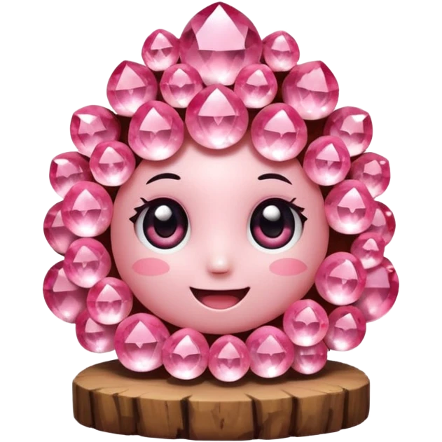 A single cute pink crystal cluster character, chunky round base with many tall rose-pink crystal quartz cluster imperfect, on the front of the base a kawaii face with big shiny eyes and a happy open smile very shiny emoji