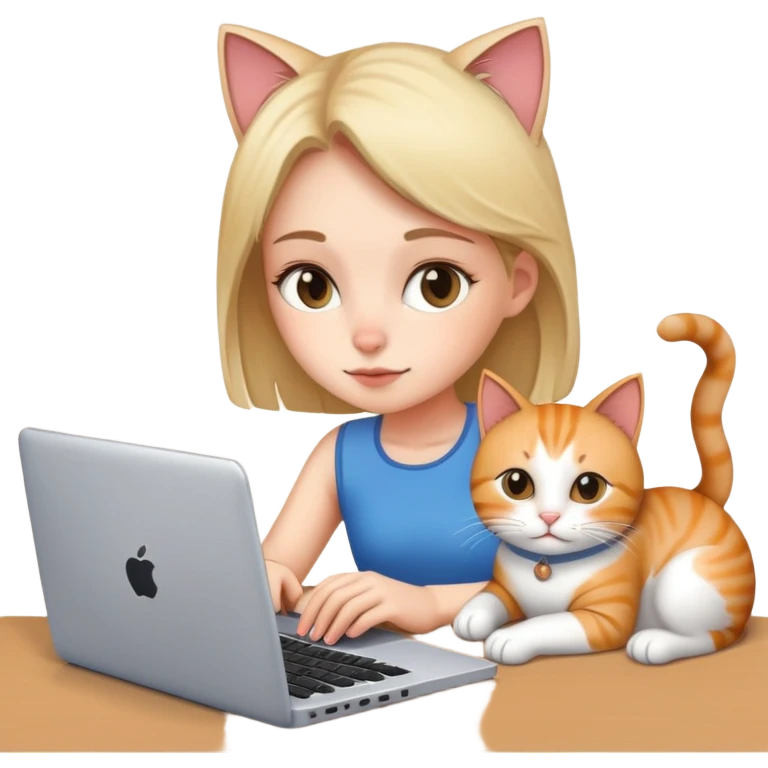 A girl is working on a laptop with a cat lying next to it emoji