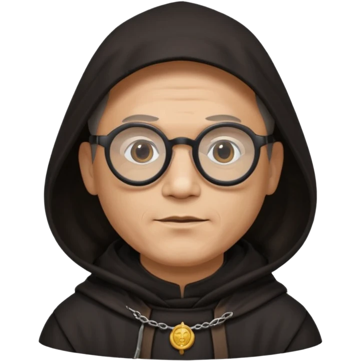 Monk priest prayer black habit with hood round black glasses done light brown wavy hair under hood remove the medallion smaller more round glassed age 46  emoji