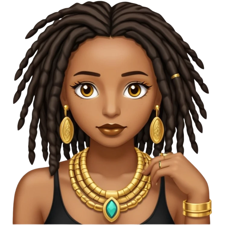 Brown skin women with black shoulder length locs, eyelashes and a lot of gold jewellery  emoji