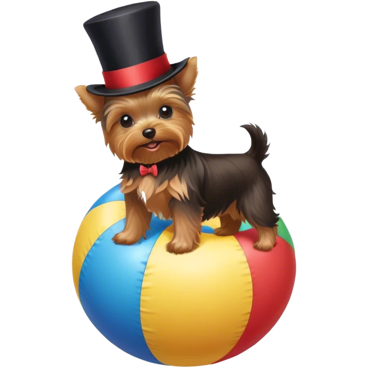 Yorkie with a top hat on balancing on a beach ball  emoji