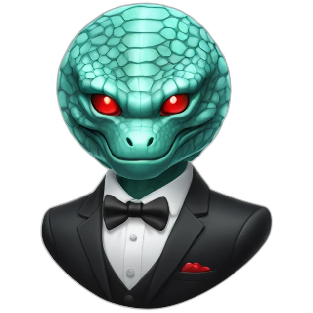 Aquamarine reptilian in classic black suite with red laser eyes on the middle of platinum coin emoji