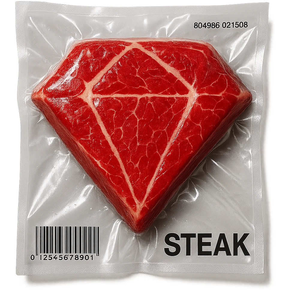 steak shaped like a diamond, extra glossy and puffy vacuum-sealed style emoji