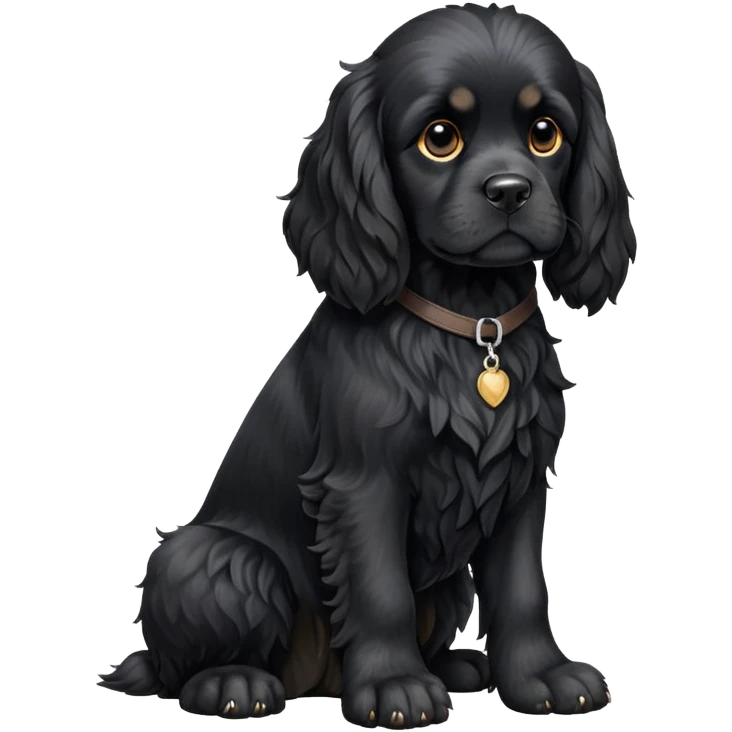 cinematic-[black cocker spaniel dog]-realistic-full-body-sitting-emoji,-tail-resting-loosely-beside-its-paws,-head-tilted-dramatically,-scruffy-[solid black]-fur,-simplified-yet-realistic-focused-features,-highly-detailed,-glowing-with-an-almost-sarcastic-glow emoji