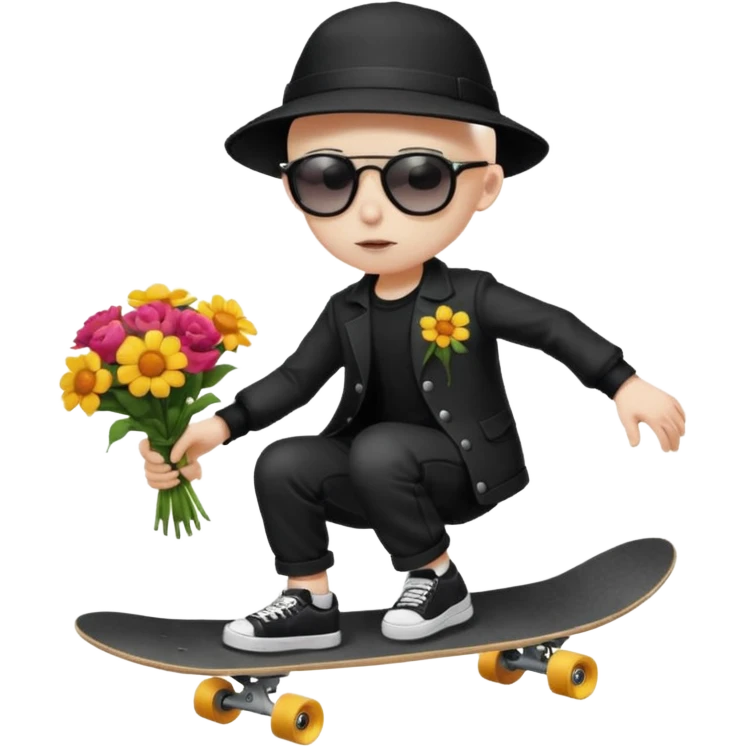 ["A sad boy with pale skin, bald, wearing a sunhat and sunglasses, dressed in goth fashion, is skateboarding while holding a flower bouquet."] emoji