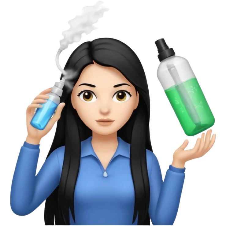 A white woman with long, straight black hair, holding a spray bottle in one hand and misting it toward her hair. emoji