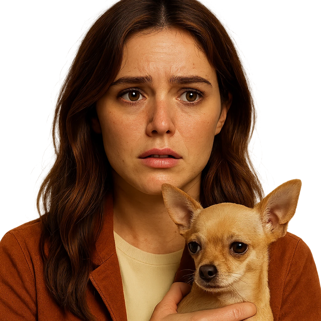 Portrait for Instagram profile picture inspired by the facial features visible in the reference images, with a tanned complexion, subtle freckles, wearing a shirt color #FFF8CA and a rust-colored jacket, medium-length brown hair with auburn highlights, anxious and worried expression, holding a beige-brown chihuahua, in the style of a Netflix series, intimate Tenerife ambiance, transparent background. emoji