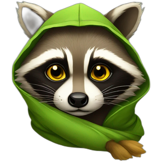 brown raccoon with yellow eyes and a green hood that sadly emoji
