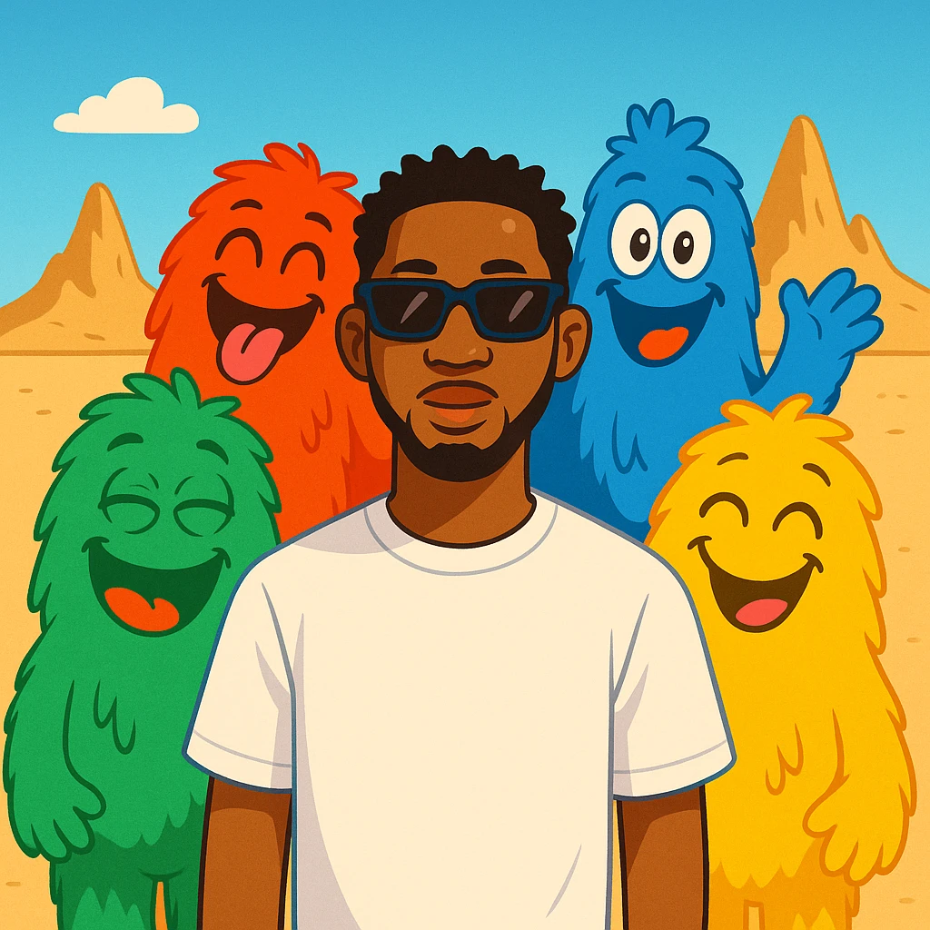 Add the four colorful furry background characters (green, red, blue, yellow) from the 'WITH YOU' album cover behind Omah Lay in a cartoon emoji style, making them fun and expressive. The style should resemble colorful cartoon emojis with a playful and lively vibe. emoji
