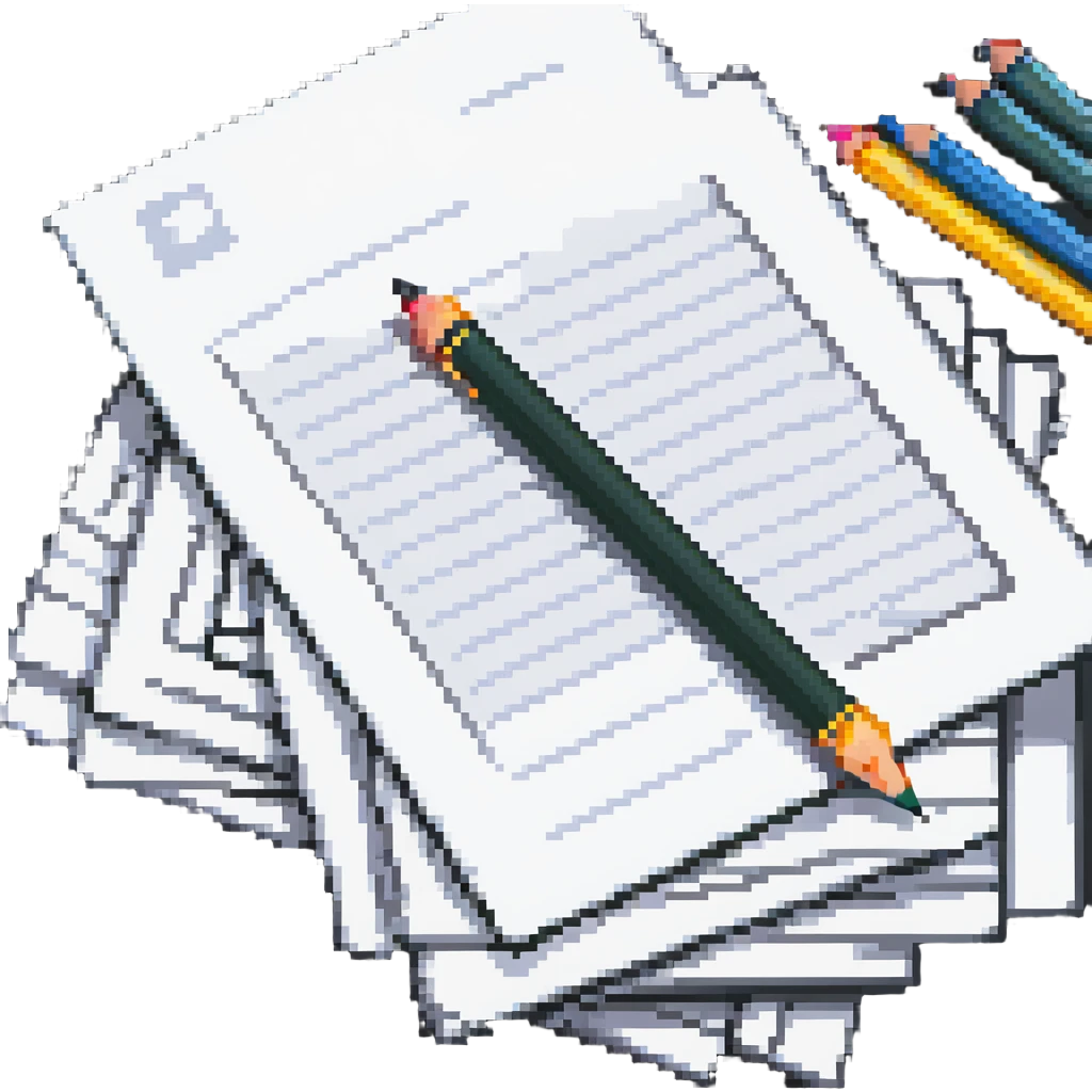 pixel art of a stack of exam papers with a pencil emoji