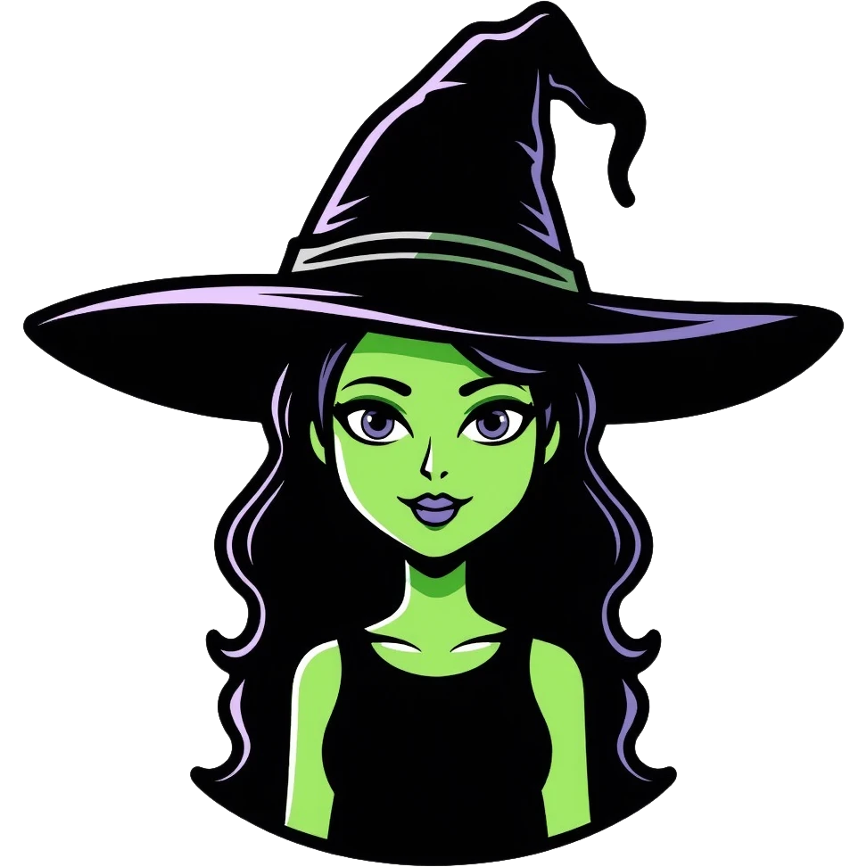 Elphaba, the green-skinned witch with black hat and dress emoji