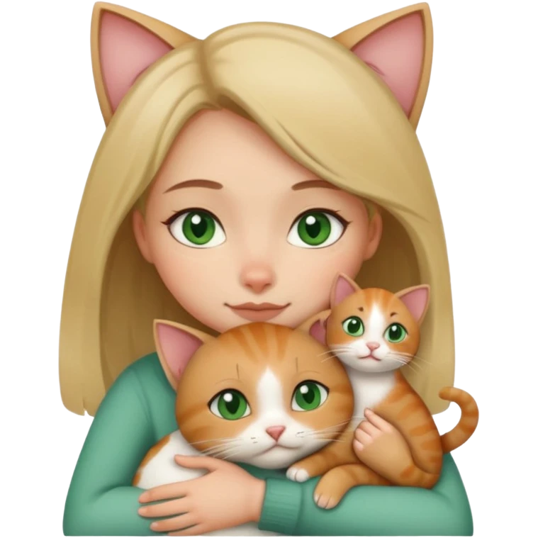 A girl with a square with a mole on her right cheek and square-green eyes hugs a cat emoji