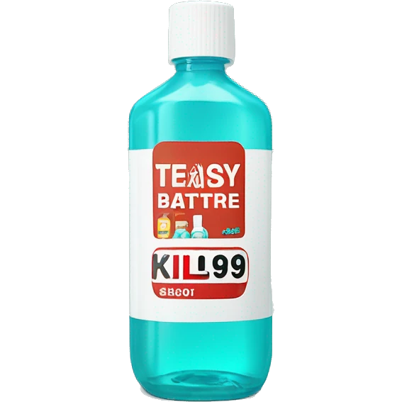 Turquoise Mouthwash bottle with white stickers and brown tap . the white stickers have small red letters that say kills 99% of batería  emoji