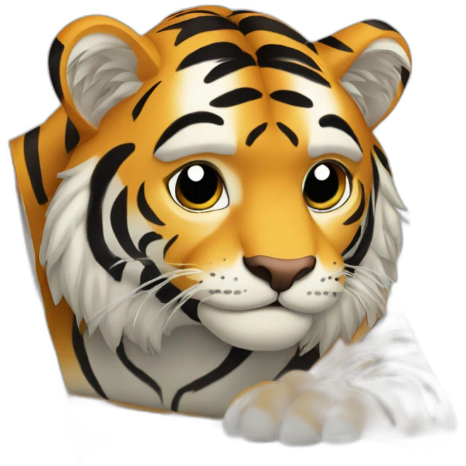A tiger who study on a laptop with the word "AVEX" on the laptop emoji