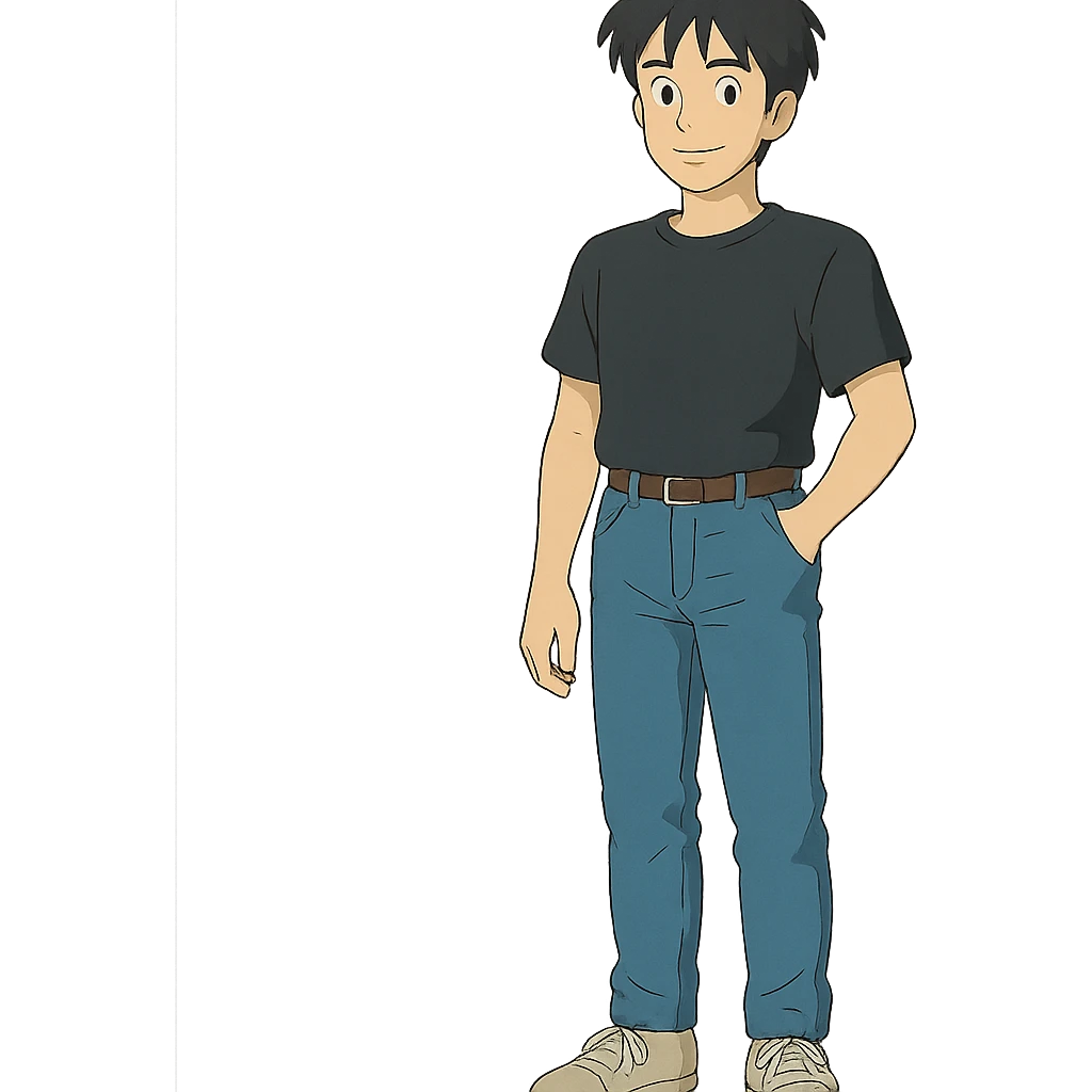 man in jeans and black t-shirt, standing, black hair, transparent background, ghibli style emoji