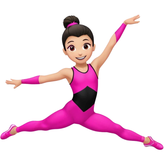 "A gymnast in neon pink and black outfit with a smile and a look of surprise (normal skin) emoji