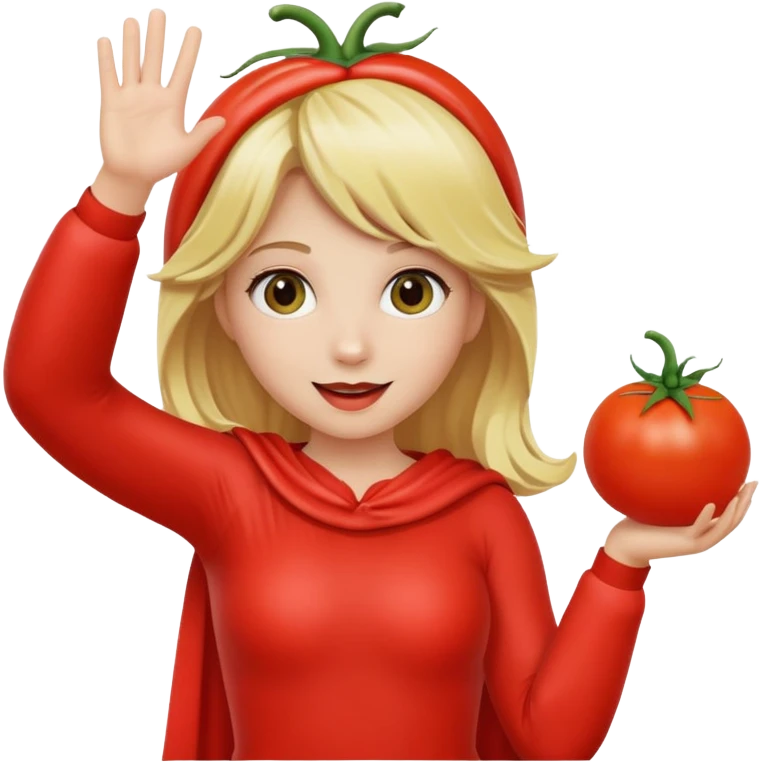 Blonde girl in tomato costume waving high emoji