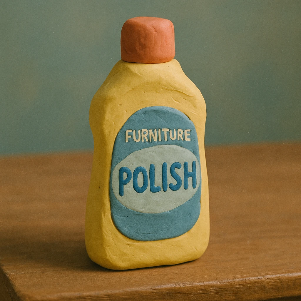 claymation style close-up of Pledge-like furniture polish bottle on a wooden table, soft lighting, pastel colors emoji