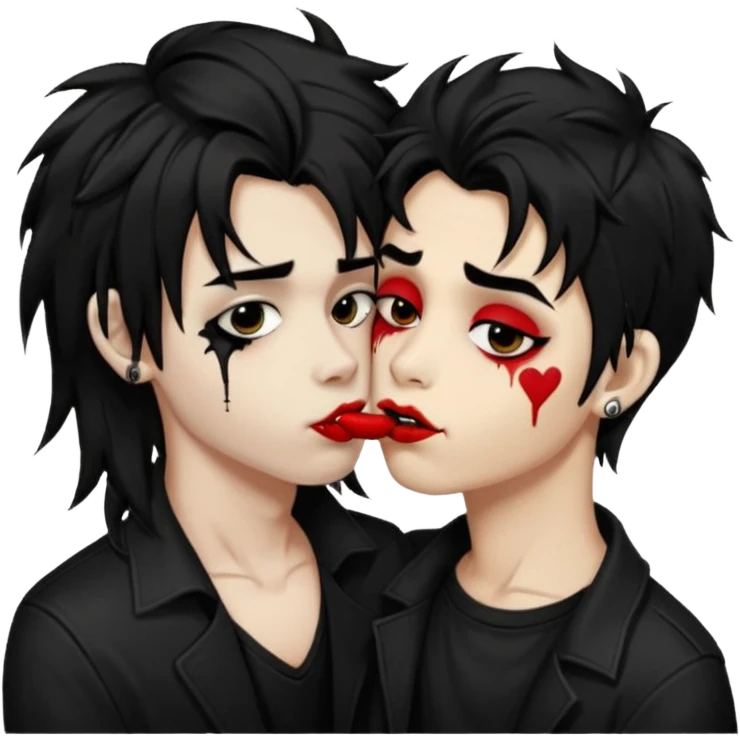 Laughing pale Goth boy with a bunch of face piercings, with shaggy dark brown hair, and messy black eyeliner , smudged, red, lipstick , kissing tan boy with long black hair  emoji