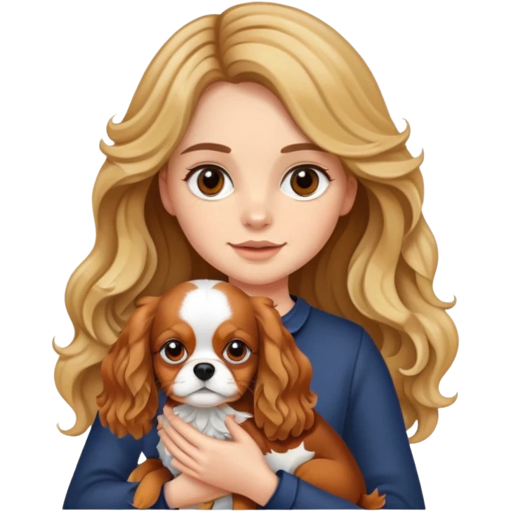 Girl with fair skin, long and brunette wavy hair with blonde highlights, holding a cavalier king dog emoji