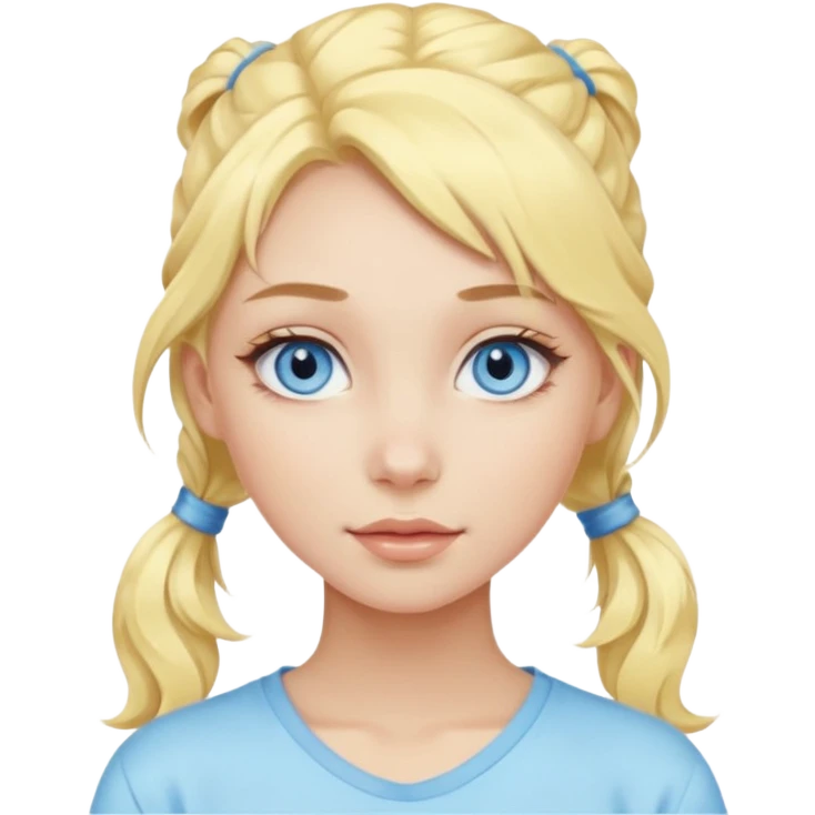 a girl with blue eyes, pastel yellow wavy hair in a ponytail, clean girl makeup emoji