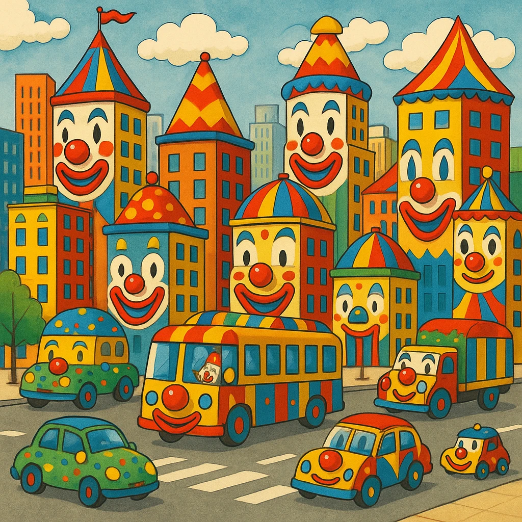 a cityscape where all buildings and vehicles have clown faces and circus colors, playful and absurd emoji