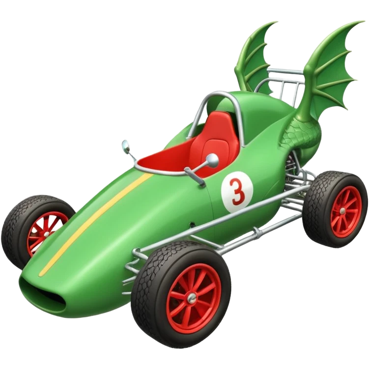 Special air-cooled three cylinder race car whose frame and suspension is made of shopping cart material with a large gas tank, and rear spoiler, is being professionally steered/driven by a small dragon  emoji