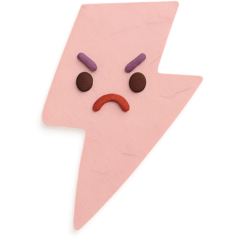 cute pink lightning bolt, angry pout, soft pastel palette, no arms or legs, full body, paper craft style emoji