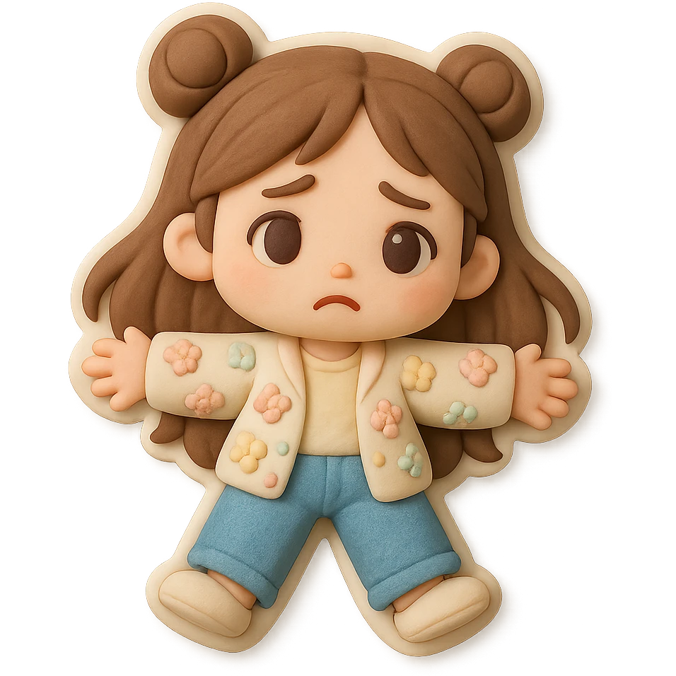 3D chibi girl in fondant cake art style, high-quality rendering with smooth shadows and soft gradients, long brown hair in two space buns, brown eyes, jeans, pastel floral cardigan, thick white outline like a sticker, transparent background, lying flat on the floor arms spread looking sad, preserve facial features from reference image emoji